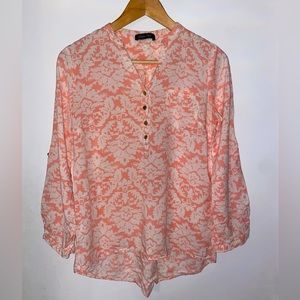 Spense Pink & White Floral Damask Blouse | Roll Tab Sleeve, Flowy Boho Top XS